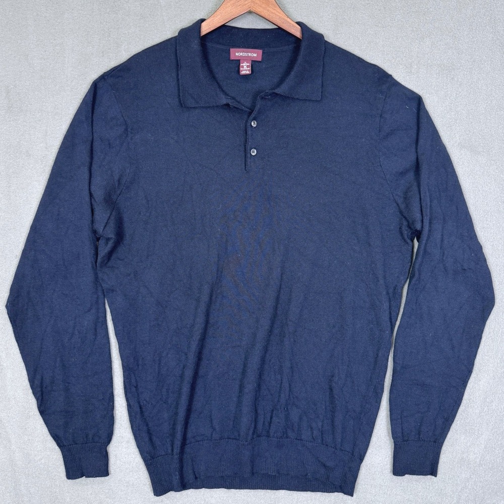 Vintage Nordstrom Polo Sweater Men LL Navy Extra Fine Merino Wool Smartcare Y2K